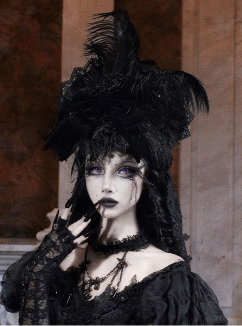 Mourning Day Series European Style Black Feather Flower Lace Velvet Bowknot Detachable Trailing Yarn Lace Gothic Top Hat