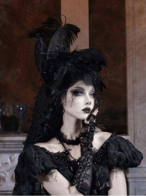 Mourning Day Series European Style Black Feather Flower Lace Velvet Bowknot Detachable Trailing Yarn Lace Gothic Top Hat