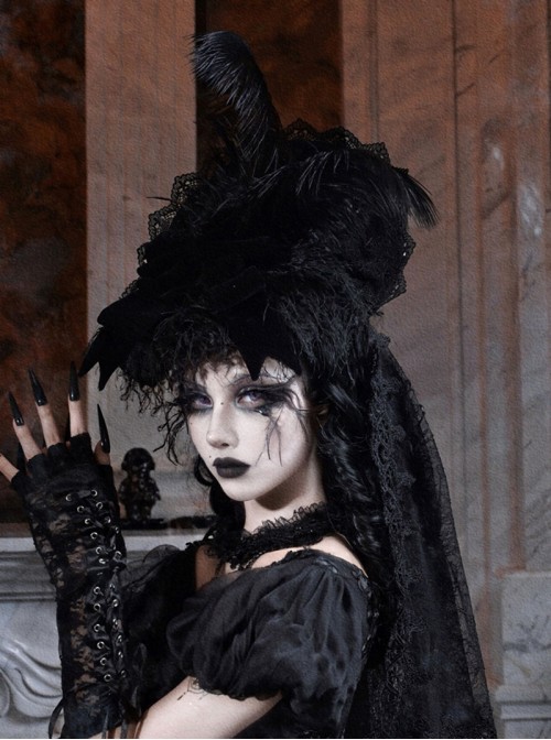 Mourning Day Series European Style Black Feather Flower Lace Velvet Bowknot Detachable Trailing Yarn Lace Gothic Top Hat