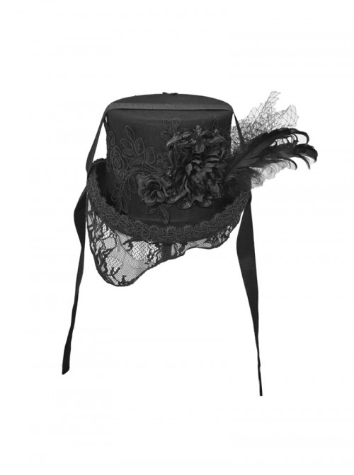 Mourning Day Series Black Retro European Style Three Dimensional Flowers Feather Mesh Lace Trim Ribbon Strap Flat Top Halloween Gothic Wool Duke Hat