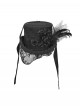 Mourning Day Series Black Retro European Style Three Dimensional Flowers Feather Mesh Lace Trim Ribbon Strap Flat Top Halloween Gothic Wool Duke Hat