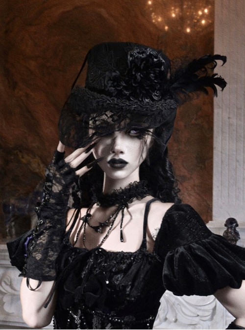 Mourning Day Series Black Retro European Style Three Dimensional Flowers Feather Mesh Lace Trim Ribbon Strap Flat Top Halloween Gothic Wool Duke Hat