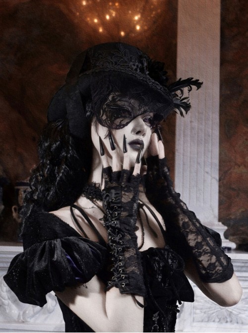 Mourning Day Series Black Retro European Style Three Dimensional Flowers Feather Mesh Lace Trim Ribbon Strap Flat Top Halloween Gothic Wool Duke Hat