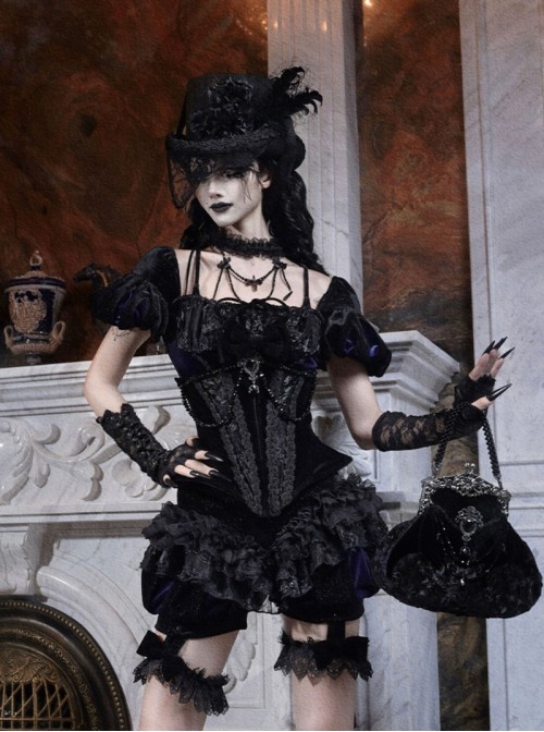 Mourning Day Series Gorgeous Black European Style Diamond Velvet Lace Bat Metal Carved Diamond Black Bead Chain Handheld Halloween Gothic Handbag