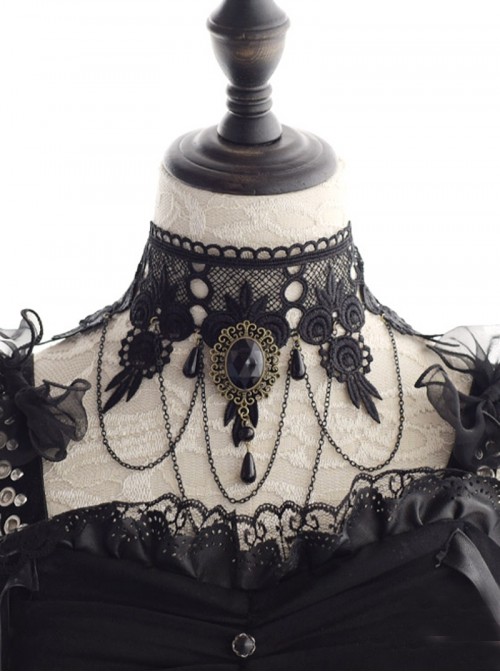 Elegant Retro Black Lace Gorgeous Diamond Gold Decorative Teardrop Chain Pendant Steam Style Punk Gothic Lolita Clavicle Necklace