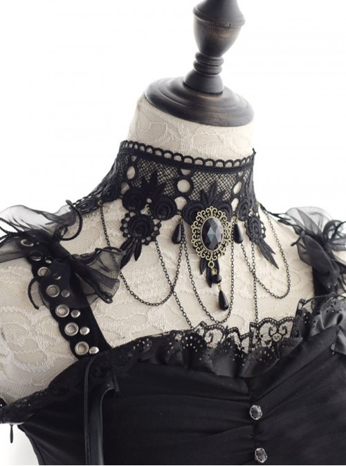 Elegant Retro Black Lace Gorgeous Diamond Gold Decorative Teardrop Chain Pendant Steam Style Punk Gothic Lolita Clavicle Necklace