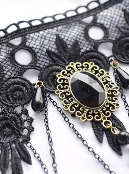 Elegant Retro Black Lace Gorgeous Diamond Gold Decorative Teardrop Chain Pendant Steam Style Punk Gothic Lolita Clavicle Necklace