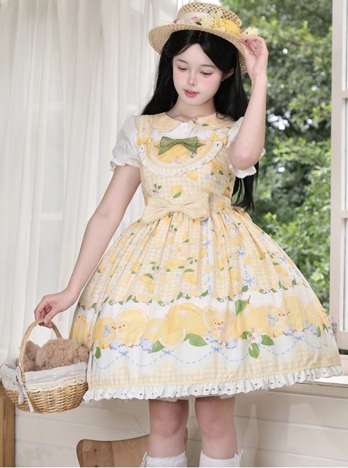 Lemon Chicken Series Fresh Lemon Cute Little Yellow Chicken Pattern Print Lace Bowknot Decoration Sweet Lolita Sleeveless Short Dress