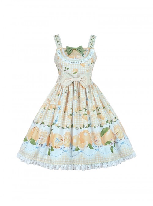 Lemon Chicken Series Fresh Lemon Cute Little Yellow Chicken Pattern Print Lace Bowknot Decoration Sweet Lolita Sleeveless Short Dress