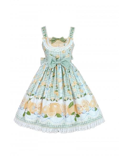 Lemon Chicken Series Fresh Lemon Cute Little Yellow Chicken Pattern Print Lace Bowknot Decoration Sweet Lolita Sleeveless Short Dress