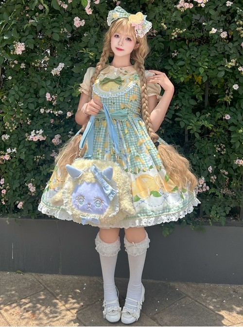 Lemon Chicken Series Fresh Lemon Cute Little Yellow Chicken Pattern Print Lace Bowknot Decoration Sweet Lolita Sleeveless Short Dress