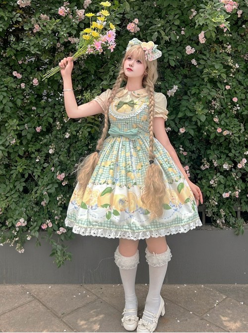 Lemon Chicken Series Fresh Lemon Cute Little Yellow Chicken Pattern Print Lace Bowknot Decoration Sweet Lolita Sleeveless Short Dress