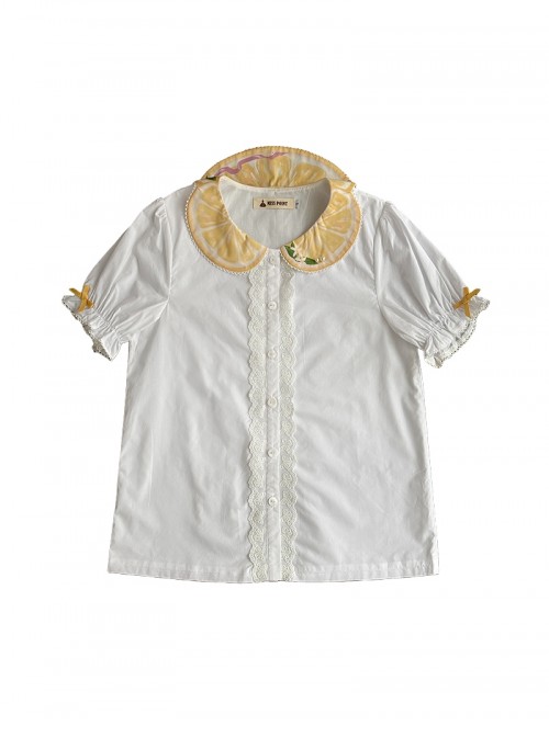 Lemon Chicken Series Fresh Cute Daily Lemon Slice Round Neck Print Lace Bowknot Decoration Sweet Lolita Puff Sleeve Short Sleeve Shirt