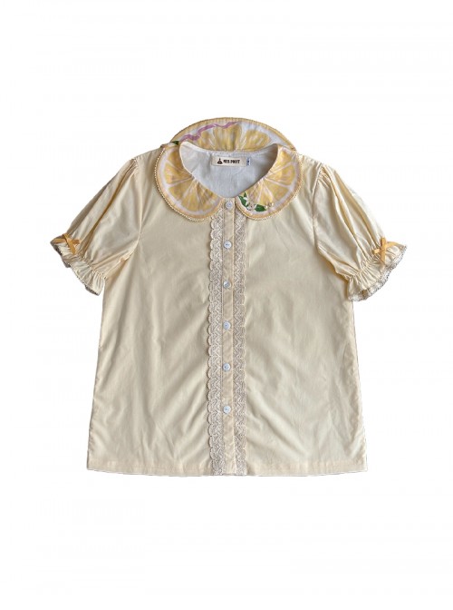 Lemon Chicken Series Fresh Cute Daily Lemon Slice Round Neck Print Lace Bowknot Decoration Sweet Lolita Puff Sleeve Short Sleeve Shirt