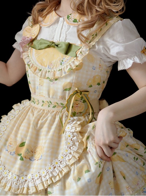 Lemon Chicken Series Fresh Cute Daily Lemon Slice Round Neck Print Lace Bowknot Decoration Sweet Lolita Puff Sleeve Short Sleeve Shirt
