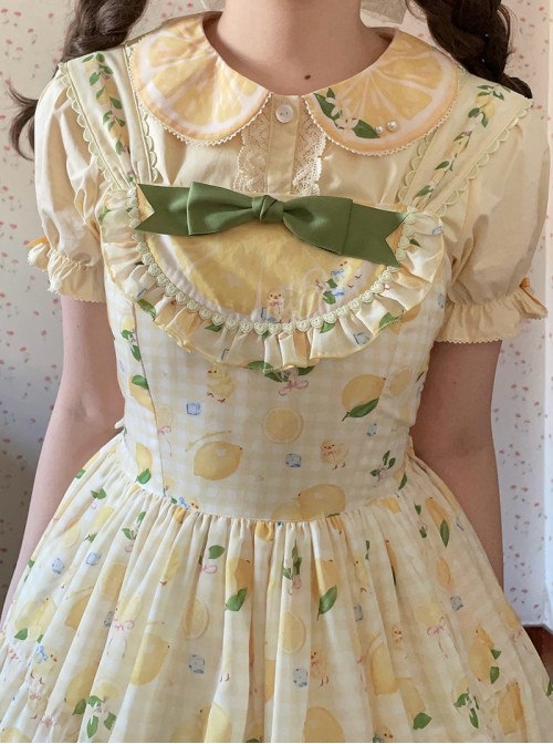 Lemon Chicken Series Fresh Cute Daily Lemon Slice Round Neck Print Lace Bowknot Decoration Sweet Lolita Puff Sleeve Short Sleeve Shirt