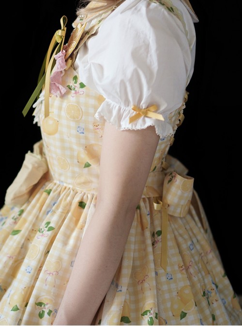 Lemon Chicken Series Fresh Cute Daily Lemon Slice Round Neck Print Lace Bowknot Decoration Sweet Lolita Puff Sleeve Short Sleeve Shirt