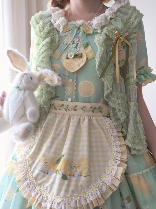 Lemon Chicken Series Yellow Plaid Fresh Cute Lemon Chick Pattern With White Daisy Lace Sweet Lolita Apron