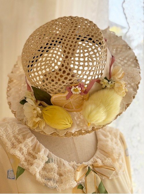Lemon Chicken Series Pastoral Style Fresh Lemon Daisy Flower Plush Chick Lace Decoration Sweet Lolita Hollow Out Large Straw Hat