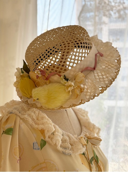 Lemon Chicken Series Pastoral Style Fresh Lemon Daisy Flower Plush Chick Lace Decoration Sweet Lolita Hollow Out Large Straw Hat
