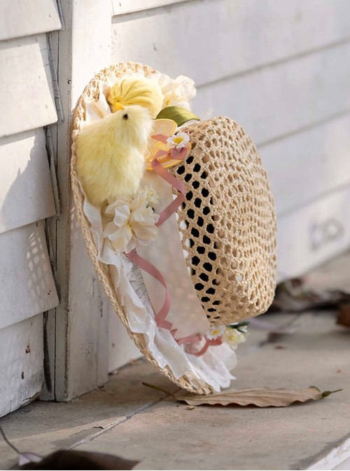 Lemon Chicken Series Pastoral Style Fresh Lemon Daisy Flower Plush Chick Lace Decoration Sweet Lolita Hollow Out Large Straw Hat