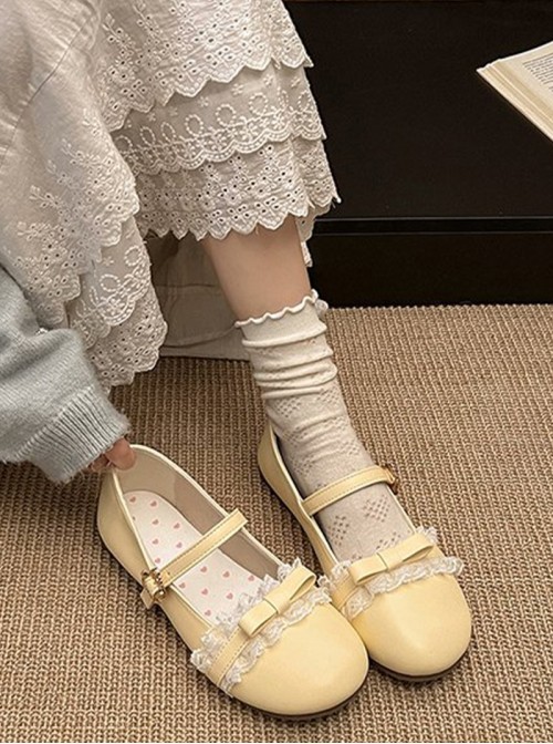 Versatile Cute Japanese Style Lace Bowknot Decorated Round Toe Sweet Lolita Flat Heel Shoes