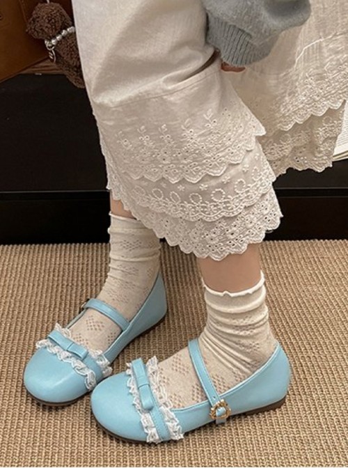 Versatile Cute Japanese Style Lace Bowknot Decorated Round Toe Sweet Lolita Flat Heel Shoes
