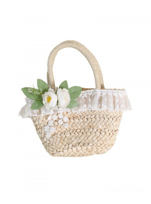 Forest Style Elegant Camellia Handmade Straw Lace Decoration Original Ecological Corn Husk Classic Lolita Handbag
