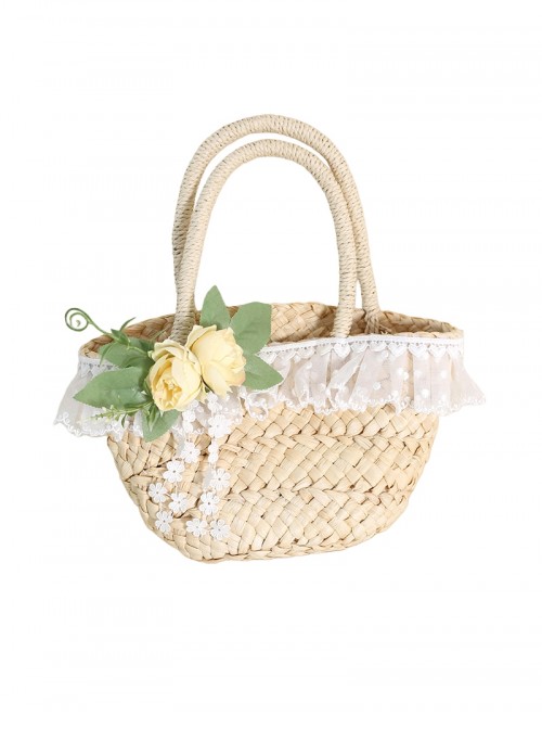 Forest Style Elegant Camellia Handmade Straw Lace Decoration Original Ecological Corn Husk Classic Lolita Handbag