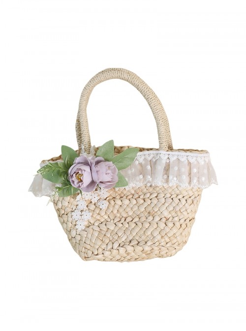 Forest Style Elegant Camellia Handmade Straw Lace Decoration Original Ecological Corn Husk Classic Lolita Handbag