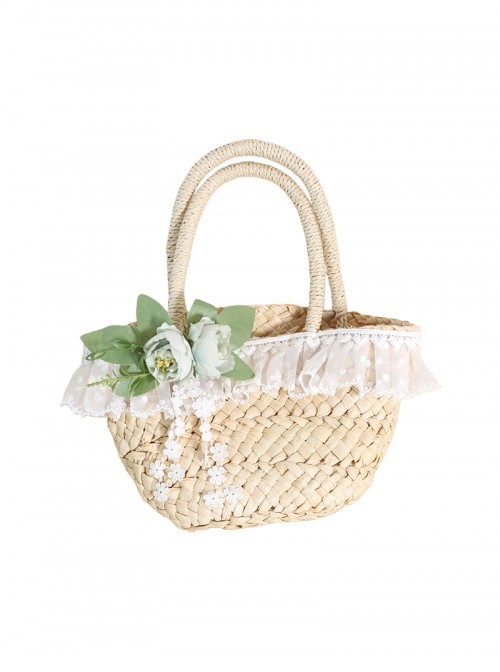 Forest Style Elegant Camellia Handmade Straw Lace Decoration Original Ecological Corn Husk Classic Lolita Handbag