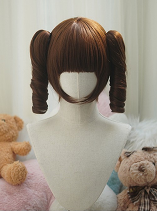 Versatile Nature Cute Flat Bangs Small Egg Roll Curly Sweet Lolita Tiger Mouth Clip Double Ponytail Bob Hair Short Wig