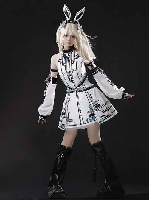 Future War Girl Series White Cyberpunk Prince Style Ouji Fashion Mechanical Geometric Patterns Punk Lolita Sleeveless Dress Sleeves Headband Set