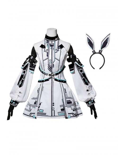 Future War Girl Series White Cyberpunk Prince Style Ouji Fashion Mechanical Geometric Patterns Punk Lolita Sleeveless Dress Sleeves Headband Set