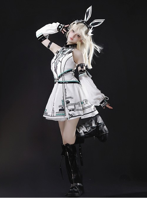 Future War Girl Series White Cyberpunk Prince Style Ouji Fashion Mechanical Geometric Patterns Punk Lolita Sleeveless Dress Sleeves Headband Set