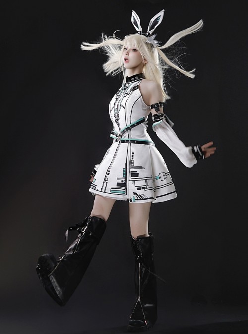 Future War Girl Series White Cyberpunk Prince Style Ouji Fashion Mechanical Geometric Patterns Punk Lolita Sleeveless Dress Sleeves Headband Set