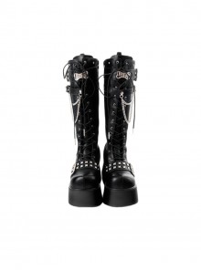 Punk Singer Series Subculture Sweet Cool Style Handsome Versatile Metal Chain Punk Lolita Round Toe Platform Knight Boots