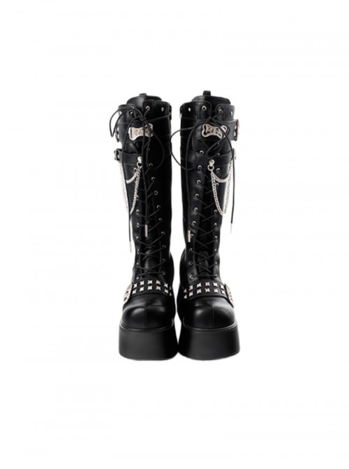 Punk Singer Series Subculture Sweet Cool Style Handsome Versatile Metal Chain Punk Lolita Round Toe Platform Knight Boots