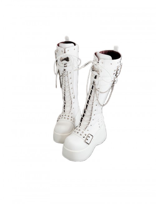 Punk Singer Series Subculture Sweet Cool Style Handsome Versatile Metal Chain Punk Lolita Round Toe Platform Knight Boots