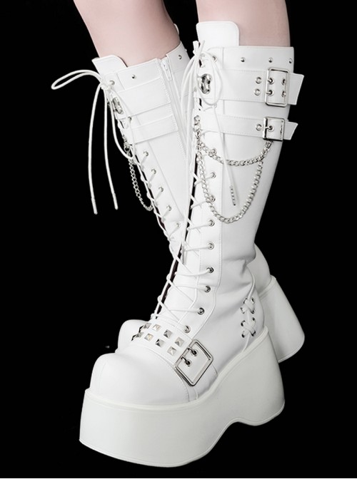 Punk Singer Series Subculture Sweet Cool Style Handsome Versatile Metal Chain Punk Lolita Round Toe Platform Knight Boots