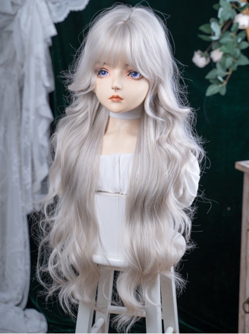 Silver White Natural Elegant Elf Style Moonlight Color Air Bangs Classic Lolita Full Head Long Curly Hair Wig