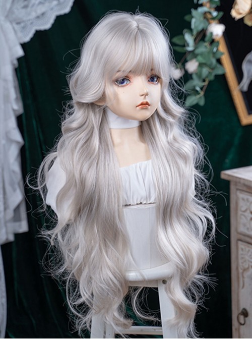 Silver White Natural Elegant Elf Style Moonlight Color Air Bangs Classic Lolita Full Head Long Curly Hair Wig