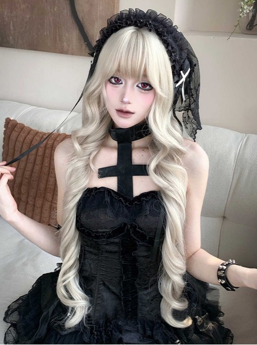 Silver White Natural Elegant Elf Style Moonlight Color Air Bangs Classic Lolita Full Head Long Curly Hair Wig
