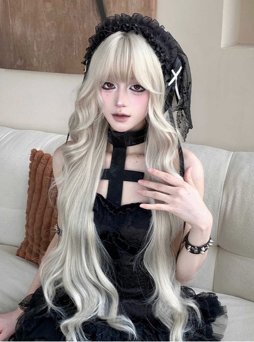 Silver White Natural Elegant Elf Style Moonlight Color Air Bangs Classic Lolita Full Head Long Curly Hair Wig