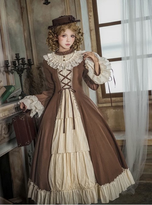 Walnut Box Series Retro Elegant Brown Apricot Lace Stand Collar Lace Trumpet Sleeves Binding Band Ruffle Hem Classic Lolita Long Sleeve Long Dress