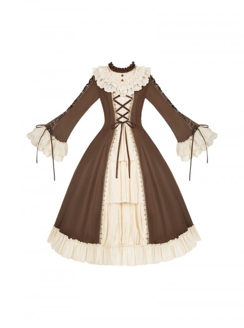 Walnut Box Series Retro Elegant Brown Apricot Lace Stand Collar Lace Trumpet Sleeves Binding Band Ruffle Hem Classic Lolita Long Sleeve Long Dress