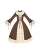 Walnut Box Series Retro Elegant Brown Apricot Lace Stand Collar Lace Trumpet Sleeves Binding Band Ruffle Hem Classic Lolita Long Sleeve Long Dress