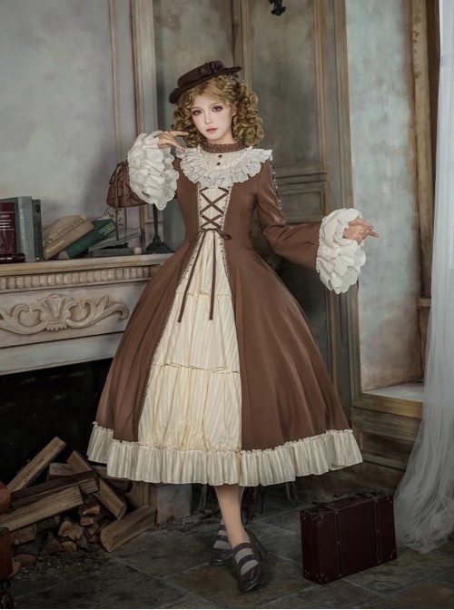 Walnut Box Series Retro Elegant Brown Apricot Lace Stand Collar Lace Trumpet Sleeves Binding Band Ruffle Hem Classic Lolita Long Sleeve Long Dress
