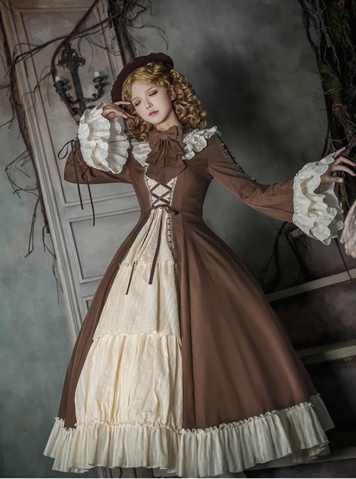 Walnut Box Series Retro Elegant Brown Apricot Lace Stand Collar Lace Trumpet Sleeves Binding Band Ruffle Hem Classic Lolita Long Sleeve Long Dress