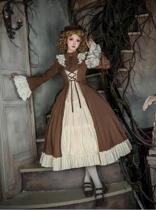 Walnut Box Series Retro Elegant Brown Apricot Lace Stand Collar Lace Trumpet Sleeves Binding Band Ruffle Hem Classic Lolita Long Sleeve Long Dress